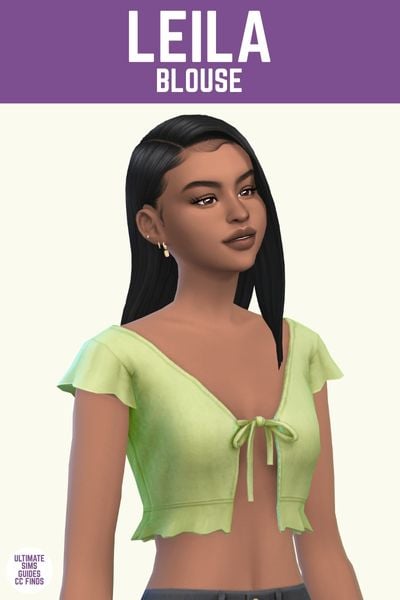 This image has a purple bar at the top with white text. The white text says "Leila Blouse" and below is a sim with black hair wearing a cropped green baby-length cardigan blouse. 