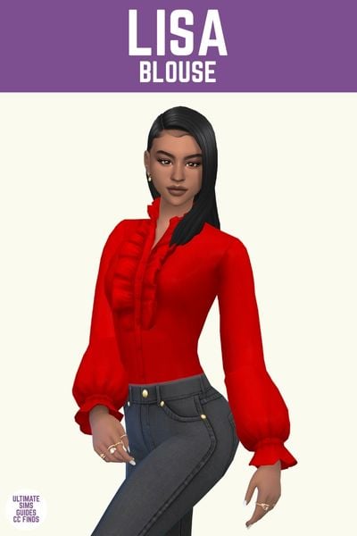 This image has a purple bar at the top with white text. The white text says "Lisa Blouse" and below is a sim wearing black jeans with a red button down shirt with ruffles along the buttons. 