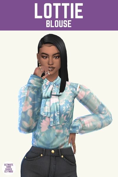 This image has a purple bar at the top with white text. The white text says "Lottie Blouse" and below is a sim. The sim has dark brown hair, black jeans, and a light blue floral blouse. 