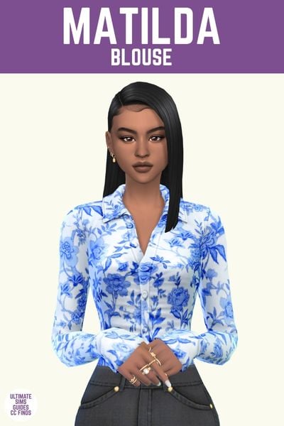 This image has a purple bar at the top with white text. The white text says "Matilda Blouse" and below is a sim wearing a button down white top with blue flowers. 