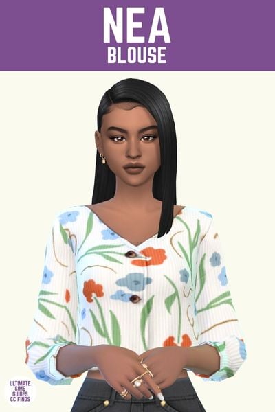 This image has a purple bar at the top with white text. The white text says "Nea Blouse" and below is a sim with dark hair wearing a white ribbed blouse with light flowers on it. 