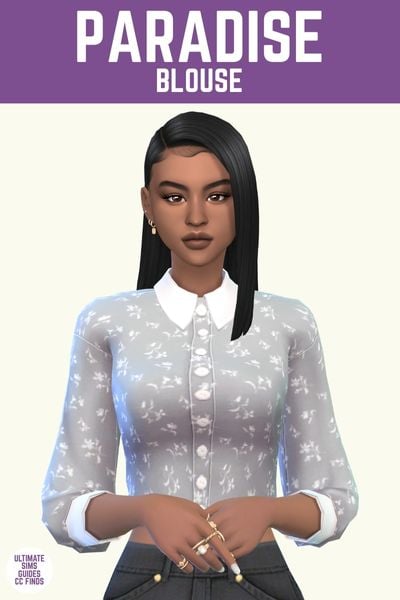 This image has a purple bar at the top with white text. The white text says "Paradise Blouse" and below is a sim. The sim is wearing a grey button down with white flowers 