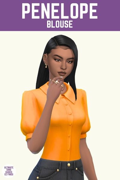 This image has a purple bar at the top with white text. The white text says "Penelope Blouse" and below is a sim with black hair wearing a t-shirt button down with puff sleeves in bright orange. 