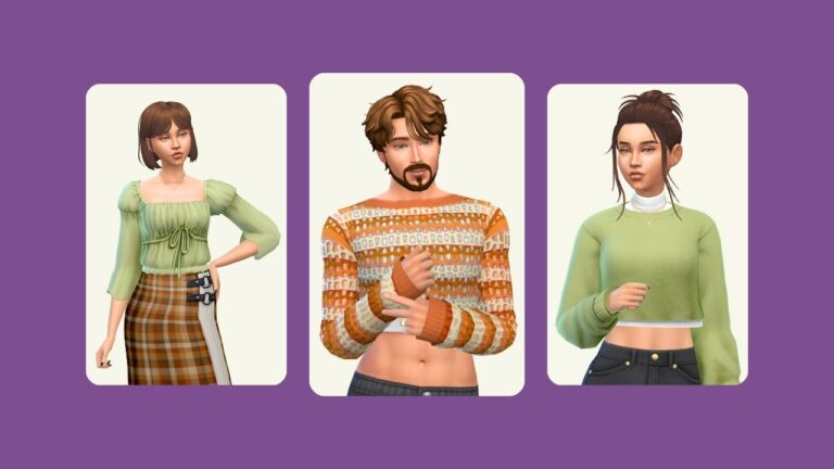 This image has a purple background. There are three images all with rounded edges. The middle is a male sim in a crochet crop top and beside him on either side is a brown haired female sim wearing green