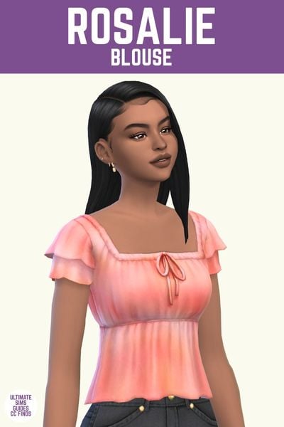 This image has a purple bar at the top with white text. The white text says "Rosalie Blouse" and below that is a sim. The sim is wearing a light pink and peach square next t-shirt blouse. 