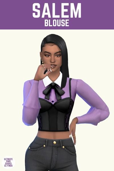 This image has a purple bar at the top with white text. The white text says "Salem Blouse" and below is a sim. The sim is wearing black jeans and a purple button down top with a black corset on top. 