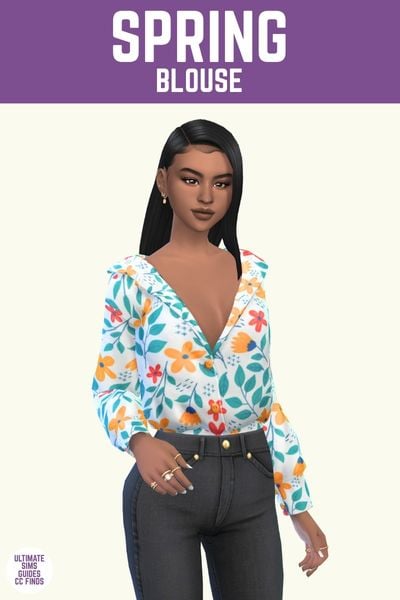 This image has a purple bar at the top with white text. The white text says "Spring Blouse" and below is a sim wearing a floral long sleeve shirt with a deep v-neck 