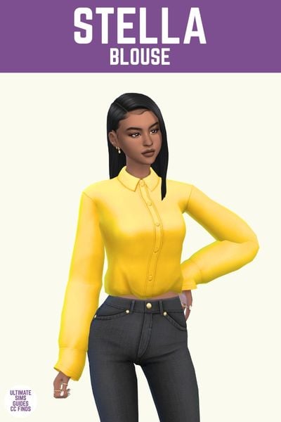 This image has a purple bar at the top with white text. The white text says "Stella Blouse" and below is a sim wearing black jeans and a bright yellow button down top.