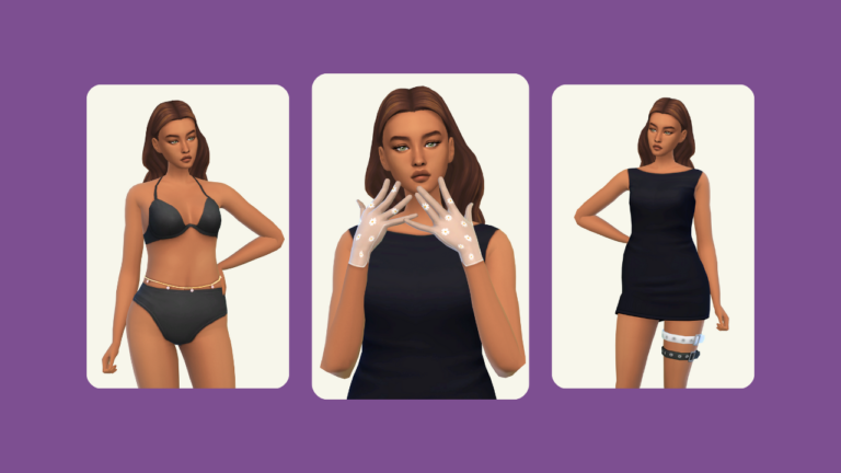 This image has a purple background with three images of a sim. The sim is wearing different accessories in each picture.