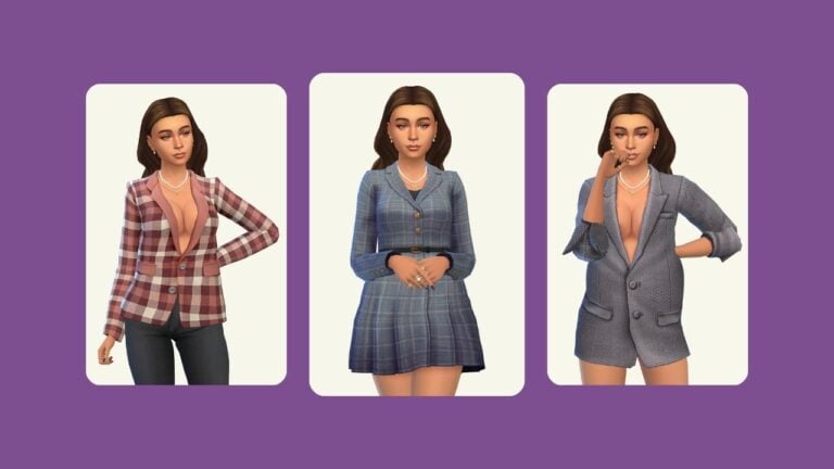 This image has a purple background with three rounded edge rectangles with images of a sim with brown hair wearing different blazers