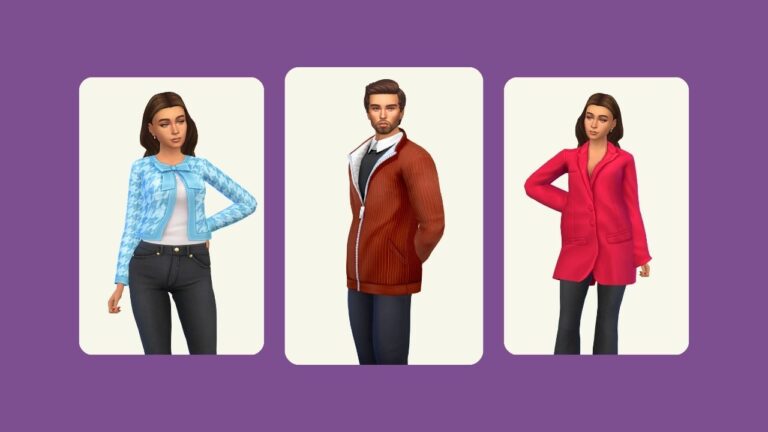 This image has three rounded edge images on top of a purple background. In the images are sims posed in different cc jackets