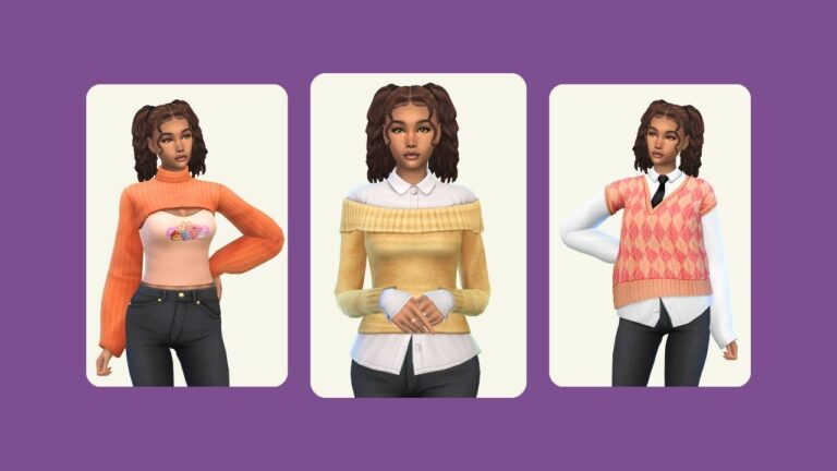 This image has a purple background with three images. The images has the same sim with pig tails wearing tops that are layered on top of other tops