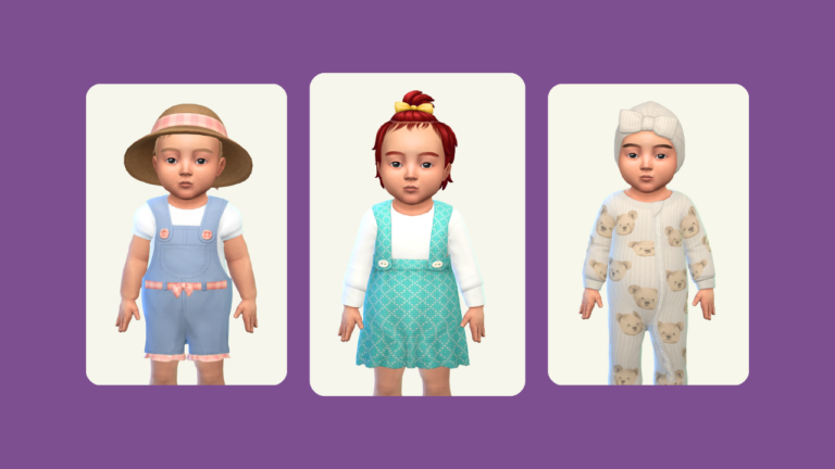This image has a purple background. On top of that are three images. These images are of an infant in The Sims 4 posing in different outfits.