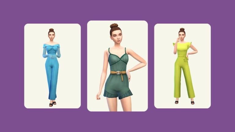 This image has a purple background with three rounded-edge rectangles and inside of those rectangles is a sim posed in different jumpsuits.
