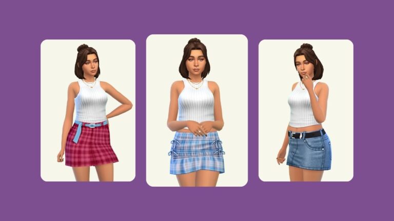 This image has a purple background with three images. The images have the same sim with shoulder length hair, a ribbed white tank top and different mini skirts