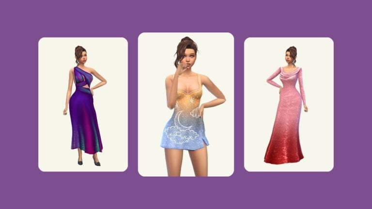 This image has a purple background with three rounded-edge rectangles. Inside of those rectangles is a sim with brown hair posing in different sparkly dresses