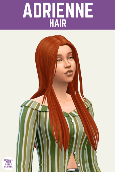 This is a product image for cc pieces from The Journal Collection. At the top is a purple bar with white text that says "Adrienne Hair" and below is a sim posed from the waist up with long red hair 