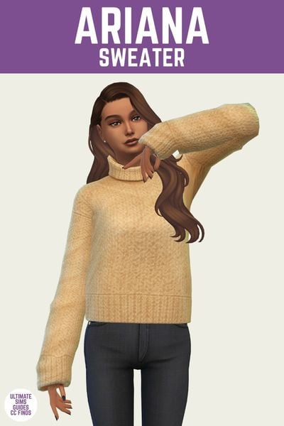 This is a product image for an item from The Willow Collection by Sentate. This image has a purple bar at the top with the text "Ariana Sweater" and below is a sim posed with one arm folded up. They are wearing a butter yellow turtleneck sweater and black pants 