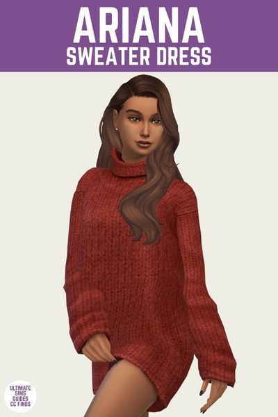 This is a product image for an item from The Willow Collection by Sentate. This image has a purple bar at the top with the text "Ariana Sweater Dress" and below is a posed sim. The sim is wearing a turtleneck sweater dress in red and they have brown hair 