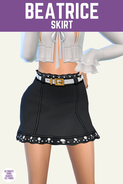 This is a product image for a cc piece from the midnight cc pack. This image has a purple bar at the top with white text that says "Beatrice Skirt" and below is a sim posed from the waist down. They are wearing a white blouse with a black skirt with dots on the edges.
