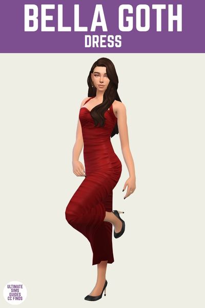 This is a product image for a clothing piece from Joliebean's Housewives of Pleasant set. This image has a purple bar at the top with "Bella Goth Dress" in white text. Under that is a sim with brown hair and black heels posing in the iconic red Bella Goth Dress 
