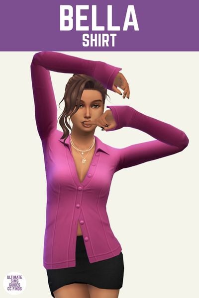This is a product image for a cc piece from The Office Set by Joliebean. This image has a purple bar at the top and in white text it says "Bella Shirt" and below is a sim posed with their arms bent and above their head. They are wearing a black mini-skirt and a magenta button down top 