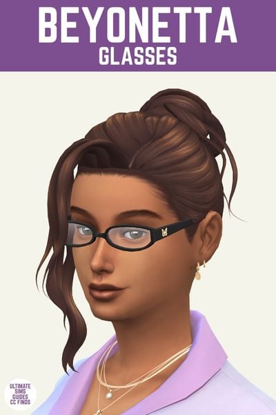 This is a product image for a cc piece from The Office Set by Joliebean. This image has a purple bar at the top and in white text it says "Beyonetta Glasses" and below is a sim posed with an up-do hairstyle and they are wearing black glasses 