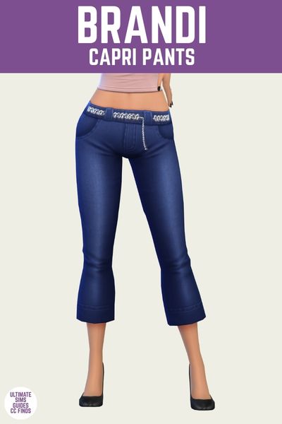This is a product image for a clothing piece from Joliebean's Housewives of Pleasant set. This image has a purple bar at the top with "Brandi Capri Pants" in white text. Under that is a sim posed from the waist down showing off their dark blue jeans with chain belt 