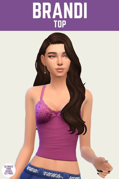 This is a product image for a clothing piece from Joliebean's Housewives of Pleasant set. This image has a purple bar at the top with "Brandi Top" written in white. Under that is a sim posed with brown hair and a lace purple tank top 