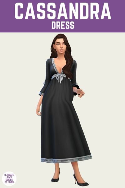 This is a product image for a clothing piece from Joliebean's Housewives of Pleasant set. This image has a purple bar at the top with "Cassandra Dress" written in white text. Below that is a sim posed in a 3/4 length black dress with white lace trim 