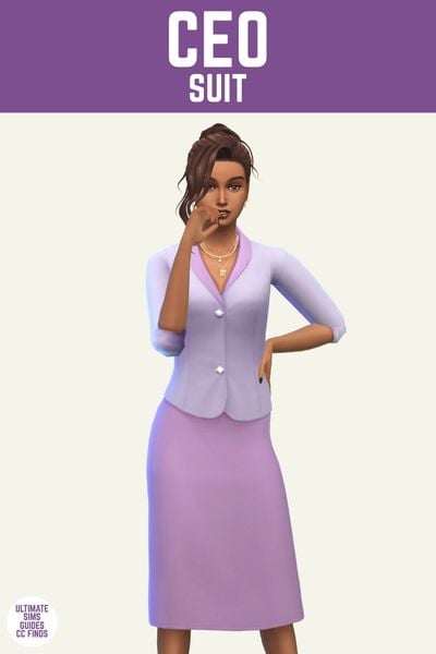 This is a product image for a cc piece from The Office Set by Joliebean. This image has a purple bar at the top and in white text it says "CEO Suit" and below is a female sim posed in a purple pencil skirt and blazer 