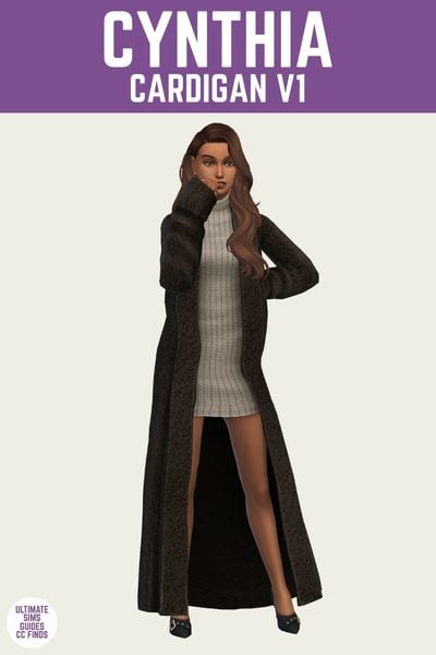 This is a product image for an item from The Willow Collection by Sentate. This image has a purple bar at the top with the text "Cynthia Cardigan V1" and below is a sim posing. The sim has brown hair and is wearing a mini-dress with a large sherpa style cardigan on top