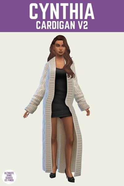 This is a product image for an item from The Willow Collection by Sentate. This image has a purple bar at the top with the text "Cynthia Cardigan V2" and below is a sim in a mini dress wearing a cable knit cardigan on top 
