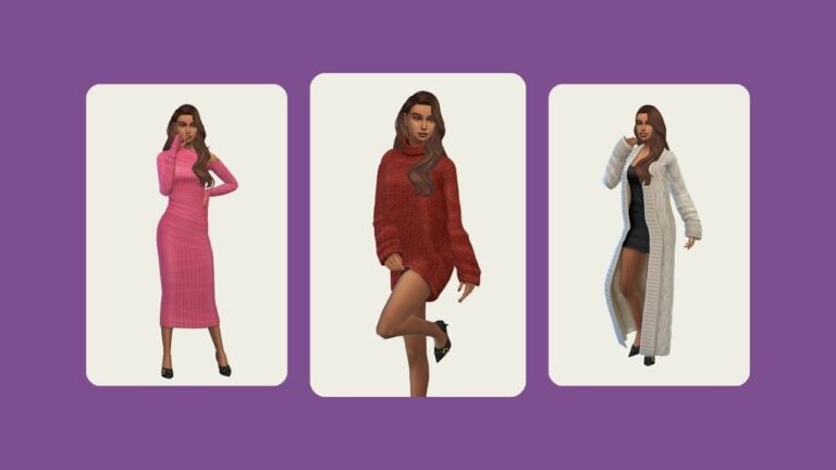 This image has a purple background with three rounded-edge rectangles. Inside the rectangles are images of sims wearing items from the willow collection by sentate