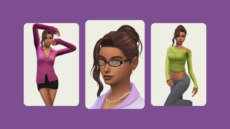 This image has a purple background with three rounded-edge rectangles. Inside the rectangles are images of sims wearing items from the office set by joliebean