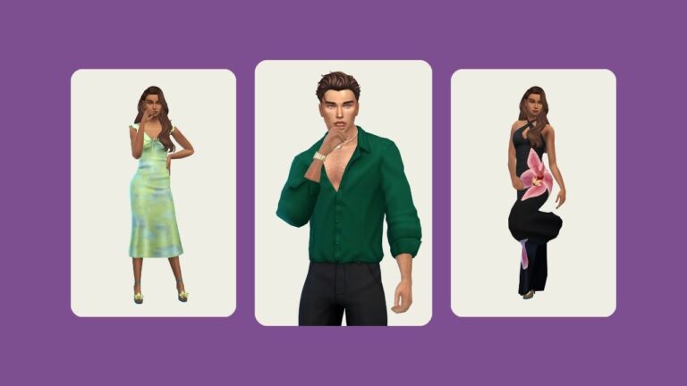 This image has a purple background with three rounded-edge rectangles. Inside the rectangles are images of sims wearing items from the oruideas set by serenity