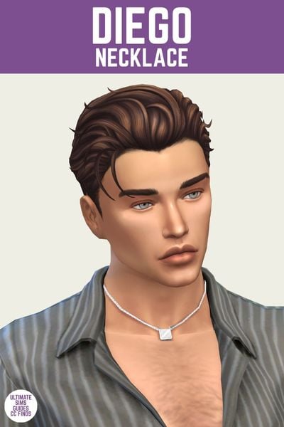 This is a product image for an item from The Orquídeas Set by Serenity. At the top there is a purple bar with white text that says "Diego Necklace" and below is a sim. The sim has pushed back brown hair, a pin stripe button down and a silver necklace 
