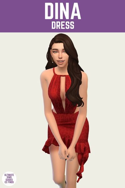 This is a product image for a clothing piece from Joliebean's Housewives of Pleasant set. This image has a purple bar at the top with "Dina Dress" written in white. Below is a sim bending forward posed wearing a red cheetah print dress 