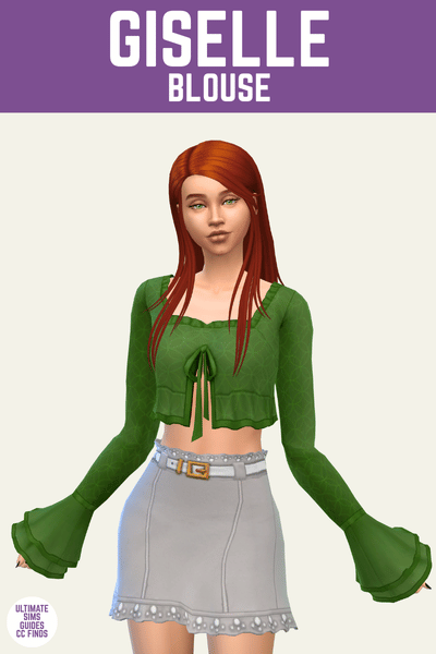 This is a product image for a cc piece from the midnight cc pack. This image has a purple bar at the top with white text that says "Giselle Blouse" and below is a sim with red hair posed with a grey skirt and a green blouse with ruffle sleeves 