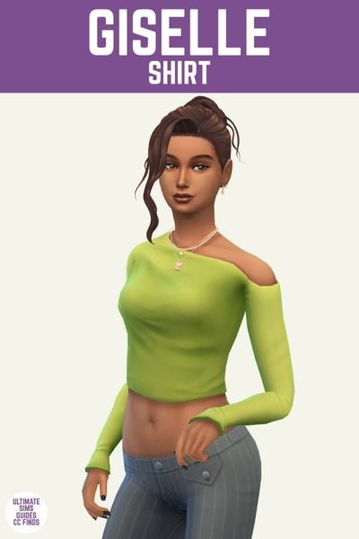 This is a product image for a cc piece from The Office Set by Joliebean. This image has a purple bar at the top and in white text it says "Giselle Shirt" and below is a sim posing wearing pin stripe grey pants with an off the shoulder long sleeve green top 
