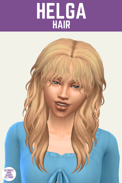 This is a product image for a cc piece from the midnight cc pack. This image has a purple bar at the top with white text that says "Helga Hair" and below is a sim from the chest up. They have blond hair with bangs and a wave, and are wearing a blue top.