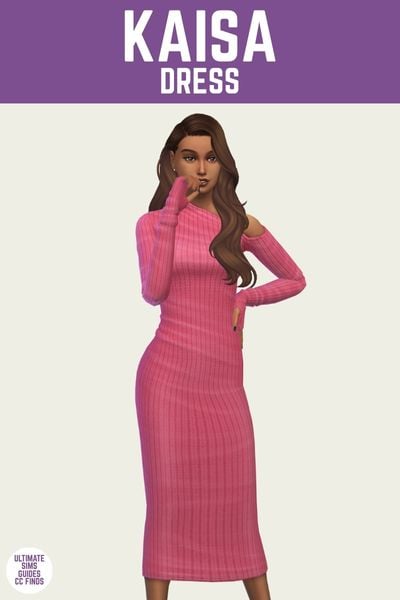 This is a product image for an item from The Willow Collection by Sentate. This image has a purple bar at the top with the text "Kaisa Dress" and below is a sim posing in a hot pink long sleeve ribbed knit dress
