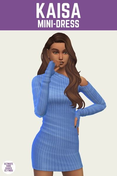 This is a product image for an item from The Willow Collection by Sentate. This image has a purple bar at the top with the text "Kaisa Mini-Dress" in white. Below is a sim posing in a short dress with long sleeves and a ribbed knit texture. 