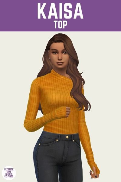 This is a product image for an item from The Willow Collection by Sentate. This image has a purple bar at the top with the text "Kaisa Top" and below is a sim posing. They are wearing a black pair of jeans and a long sleeve orange top with ribbed knit texture 