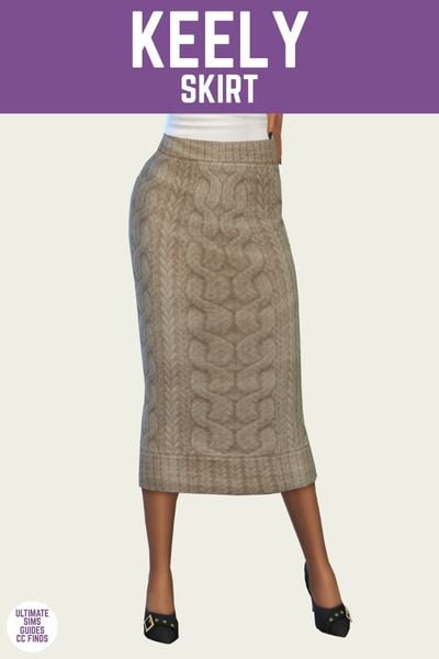 This is a product image for an item from The Willow Collection by Sentate. This image has a purple bar at the top with the text "Keely Skirt" and below is a sim from the waist down wearing black heels and wearing a cable knit skirt 