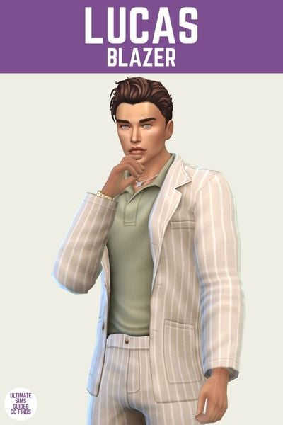 This is a product image for an item from The Orquídeas Set by Serenity. At the top there is a purple bar with white text that says "Lucas Blazer" and below is a male sim posing. The sim is wearing a pin stripe taupe blazer with a green polo shirt and pin stripe taupe pants 