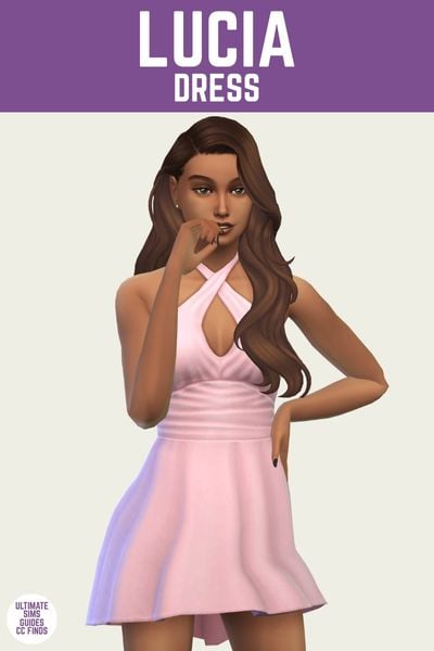 This is a product image for an item from The Orquídeas Set by Serenity. At the top there is a purple bar with white text that says "Lucia Dress" and below is a sim posed with a hand on their hip and they are wearing a halter neckline mini-dress 
