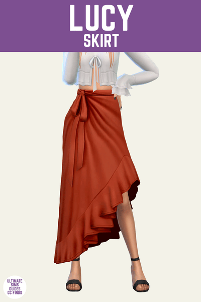 This is a product image for a cc piece from the midnight cc pack. This image has a purple bar at the top with white text that says "Lucy Skirt" and below is a sim from the waist down wearing a high-waisted high-low skirt with a ruffle hem and bow at the waist 