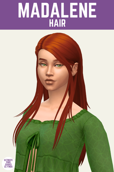 This is a product image for a cc piece from the midnight cc pack. This image has a purple bar at the top with white text that says "Madalene Hair" and below is a sim with long red hair and a green blouse 