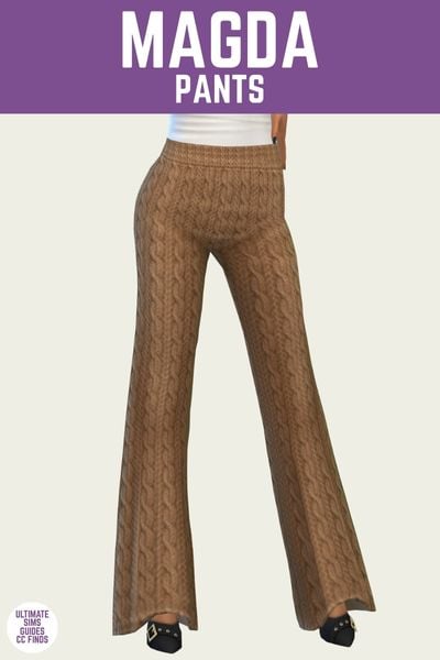 This is a product image for an item from The Willow Collection by Sentate. This image has a purple bar at the top with the text "Magda Pants" and below is a sim from the waist down wearing black heels and a pair of light brown cable knit pants 